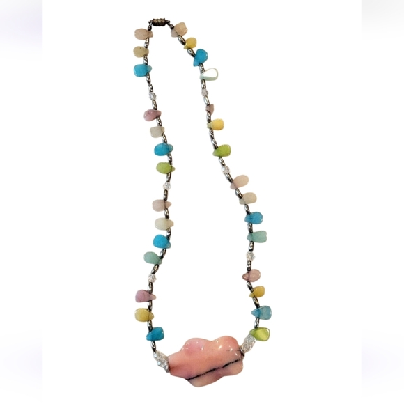 Vintage Pastel Multi Semi Precious Stone Necklace Rhodonite Healing Crystals - Picture 2 of 9